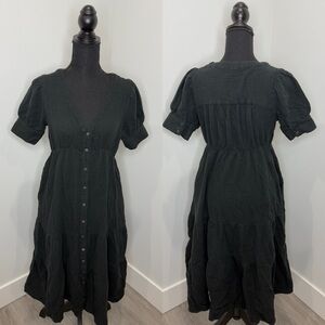 Madewell Black Button Up Cinched Waist Short Sleeve Maxi Dress (Sz 0)